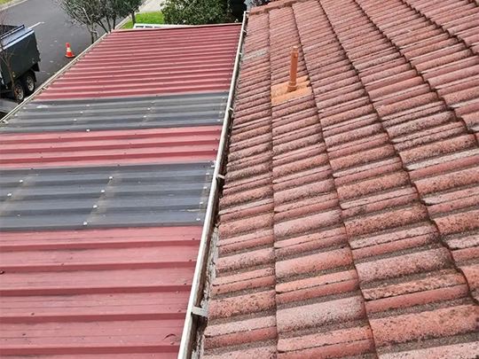 Roof and gutters cleaned with pressure washer